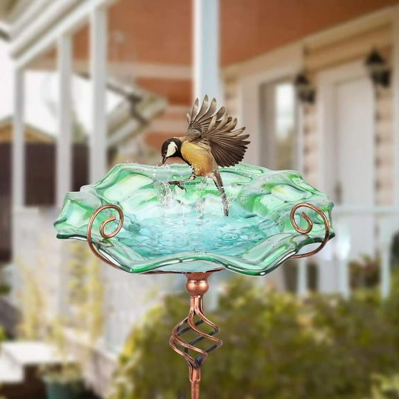 31 Inch Height Glass Bird Bath with Metal Stake Garden Yard Outdoor birdbaths, Green