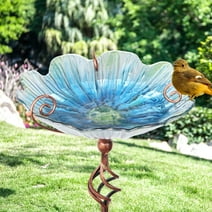 31 Inch Height Glass Birdbath Birdfeeder with Metal Stake Garden Yard Outdoor Blue