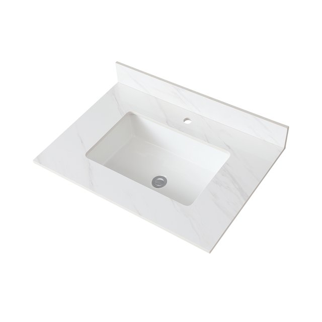31 Inch Marble Vanity Top, White Vanity Top with 1 Predrilled Faucet