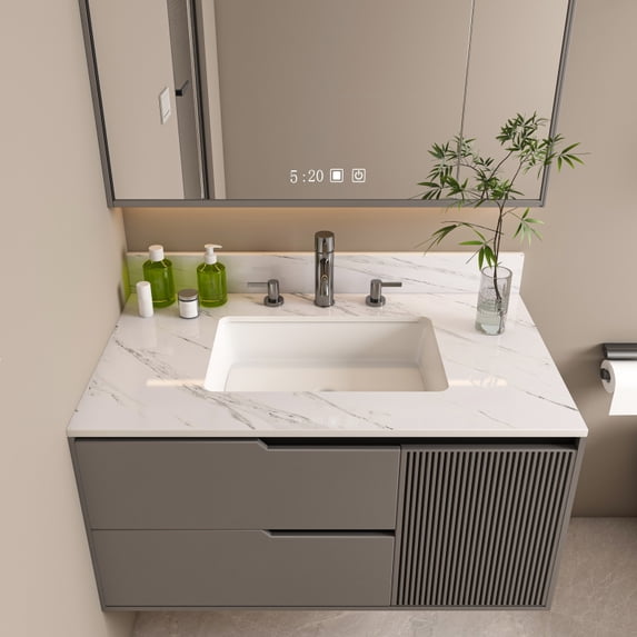 31 Inch Marble Vanity Top, White Vanity Top with Pre-drilled Faucet Holes, Bathroom Vanity Top with Undermount Rectangular Middle Sink and 4" Height Backsplash, Bianco Carrara Venato RR