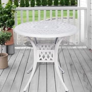SOCIALCOMFY 31 Inch Outdoor Dining Table Round Patio Bistro Table Bronze Cast Aluminum Rustic Large Table with Umbrella Hole, White
