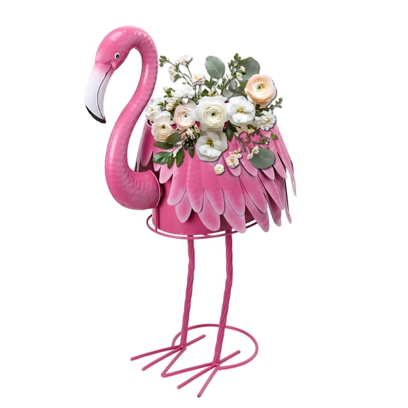 31 Inch Pink Flamingo Metal Planter – Decorative Flower Pot with Drain Hole, Indoor/Outdoor Accent for Garden, Patio & Poolside