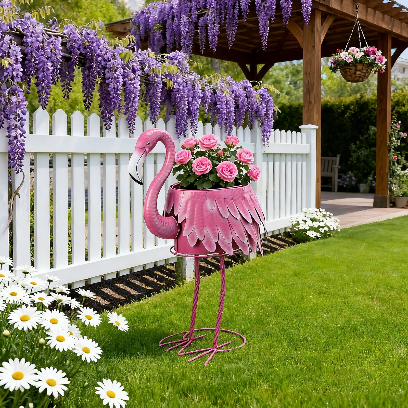 31 Inch Pink Flamingo Metal Planter – Decorative Flower Pot with Drain Hole, Indoor/Outdoor Accent for Garden, Patio & Poolside