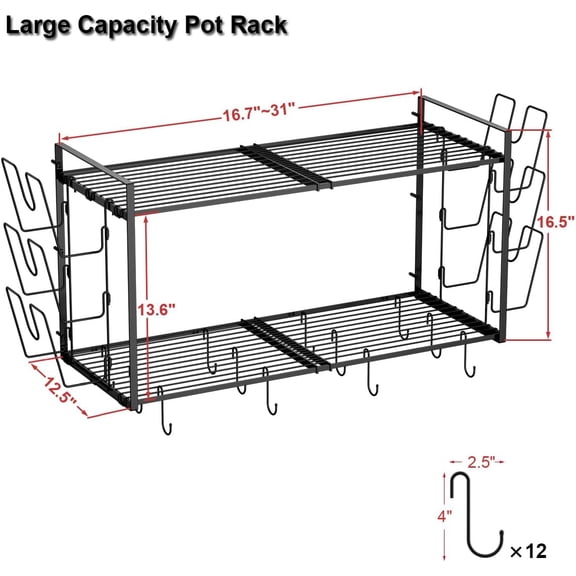 31 Inch Pot Rack Wall Mounted, 2-Tier Hanging Pots and Pans Organizer Expandable Heavy Duty Kitchen Shelves with 6 Pot Lid Holders and 12 Hooks for Kitchen Cookware Utensils Storage