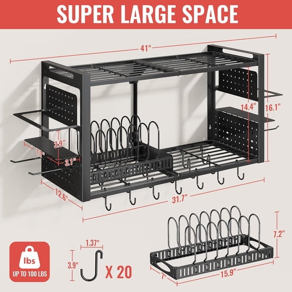 31 Inch Pot Rack Wall Mounted - 2-Tier Pots and Pans Hanging Organizer with 20 Hooks & Pan Organizer and Spice Rack, Heavy Duty Hanging Pot Hanger for Kitchen Cookware, Utensils, Black