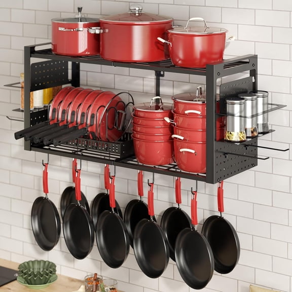 31 Inch Pot Rack Wall Mounted,3 in 1 Pots and Pans Organizer with 2 tier Kitchen Racks & Pot Lid Organizer Holder and 20 Hooks,Heavy Duty Hanging Pot Hanger for Kitchen Cookware, Utensils, Black