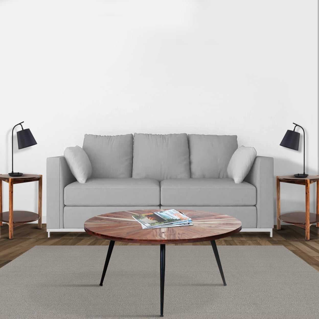 31 Inch Round Acacia Wood Coffee Table Sunburst Design Black Powder ...