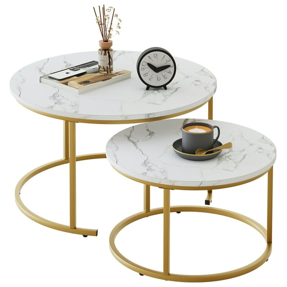 31" Inch Round Nesting White Marble Coffee Tables