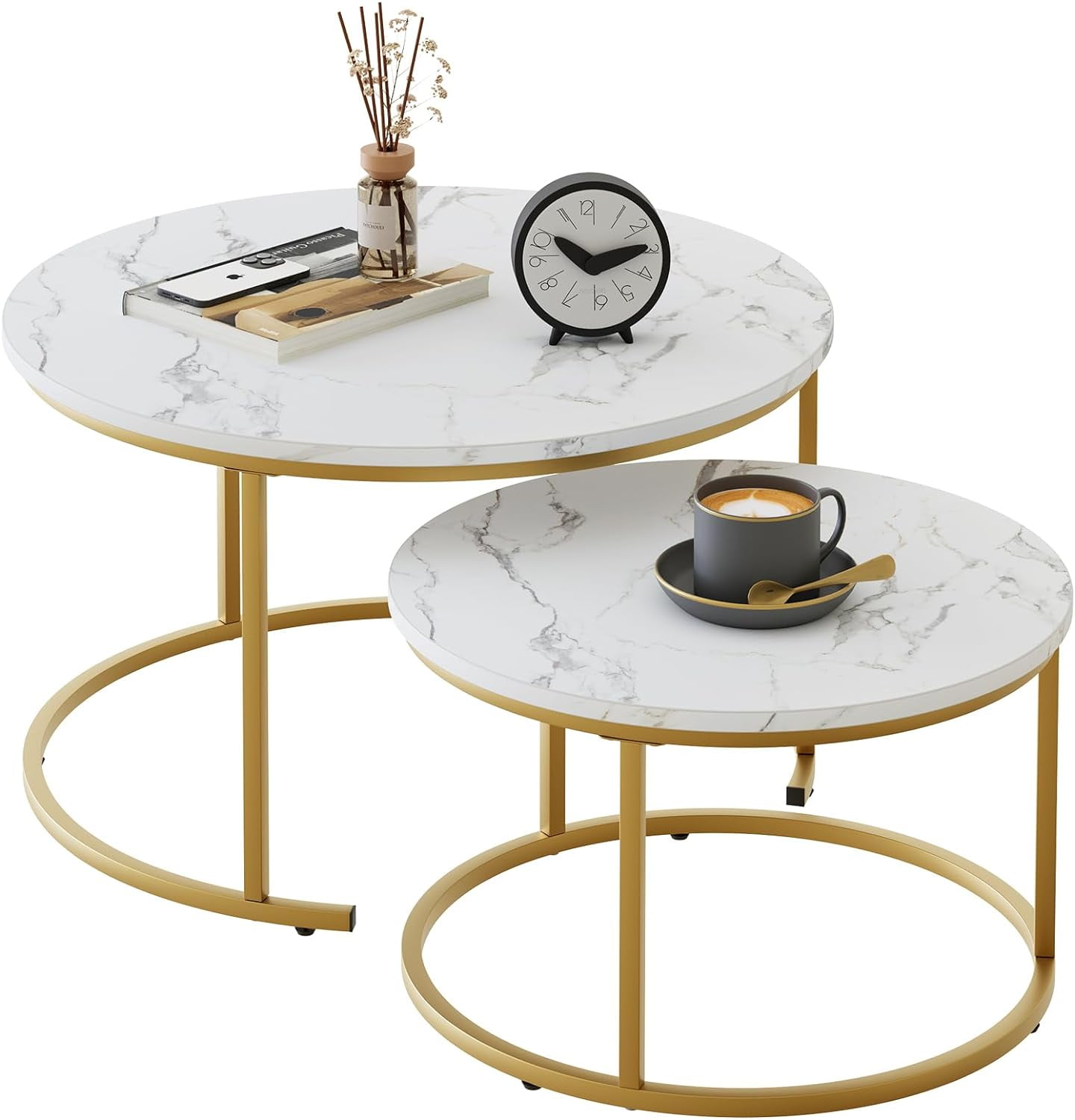 Round White Marble Nesting Coffee Tables with Gold Metal Frame