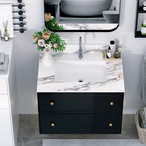 31 Inch Sintered Stone Bathroom Vanity | Drip-Free Edge and Safety Overflow Feature | Chemical & Stain Resistant Sintered Stone | Protects Against Moisture and Scratches
