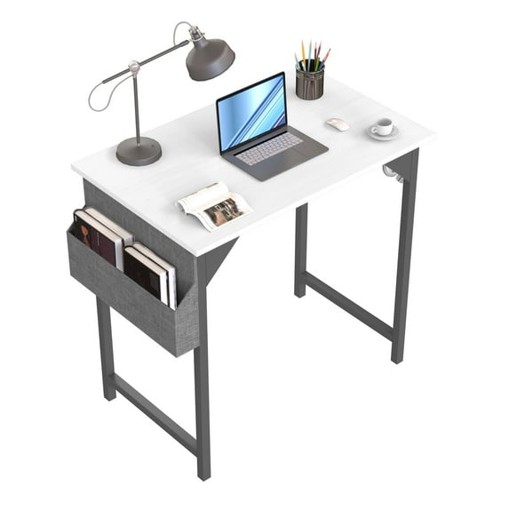 31 Inch Small Computer Desk with Storage Bag and Headphone Hook, Modern Simple Writing Study Table for Home Bedroom, White