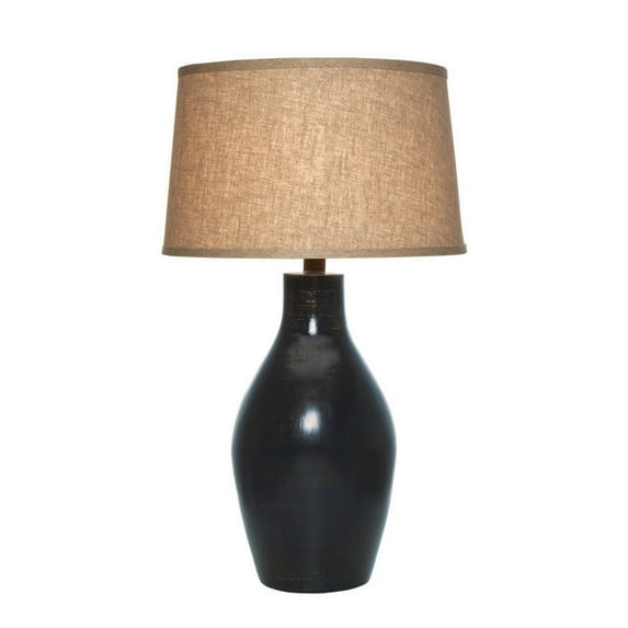 31 Inch Table Lamp Indigo Blue Curved Pin Design Base Fabric Drum Shade- Saltoro Sherpi