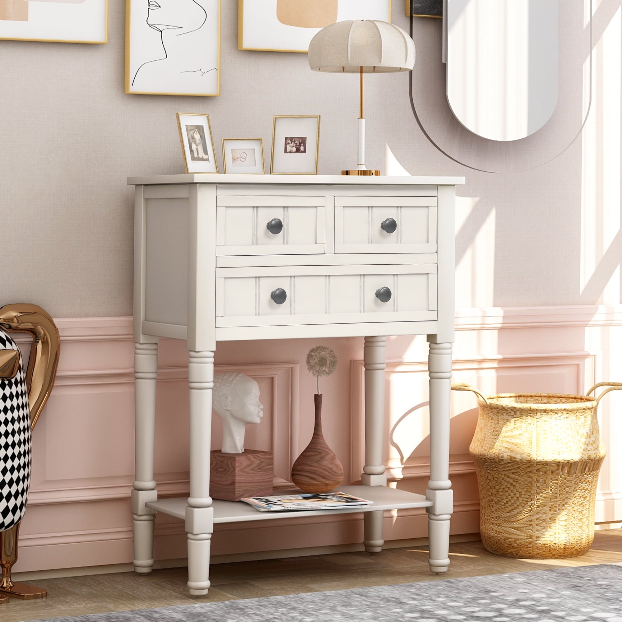 Costway Narrow Console Table – 3 Storage Drawers + Open Display Shelf, Entryway Or Nightstand