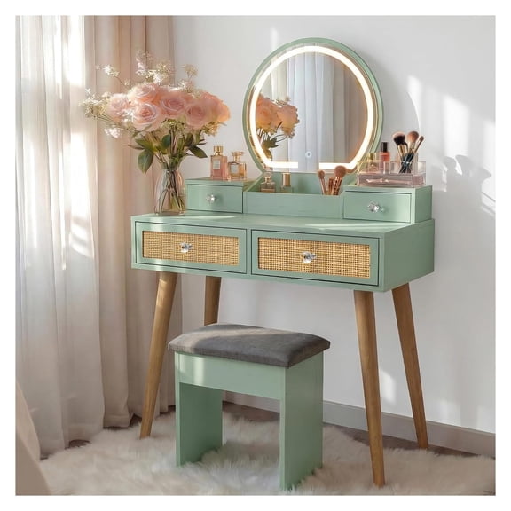 31 Inch Vanity Desk Set with 3 Modes Lighted Mirror and Cushioned Stool, Mint Green Rattan Accent Makeup Table with 4 Storage Drawers, Compact Boho Dressing Table for Bedroom or Bathroom