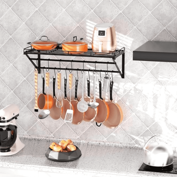 31 Inch Wall Mounted Pot Rack Storage Shelf with 2 Tier Hanging, Ideal for Pans, Utensils, Cookware - Black
