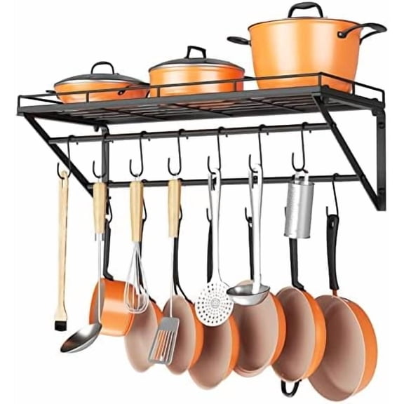 31 Inch Wall Mounted Pot Rack Storage Shelf with 2 Tier Hanging Rails 14 S Hooks included, Ideal for Pans, Utensils, Cookware - Black