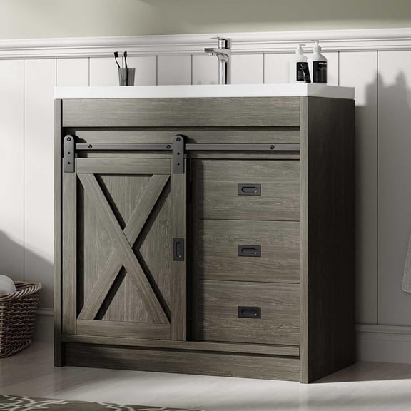31 Inch Washed Gray Farmhouse Freestanding Vanity with Sink, Sliding Barn Door & Double Drawer Storage Cabinet