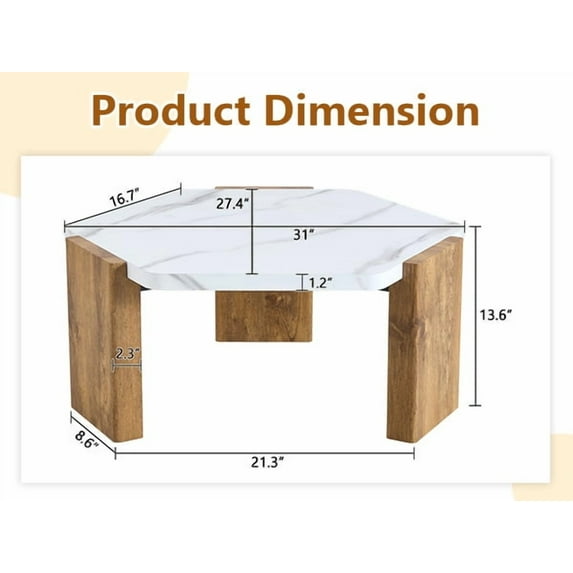 31-Inch White Marble-Textured Pentagonal Coffee Table, Triangular Wood Base - 250 lbs Weight Capacity, Durable for Living Rooms & Cafés