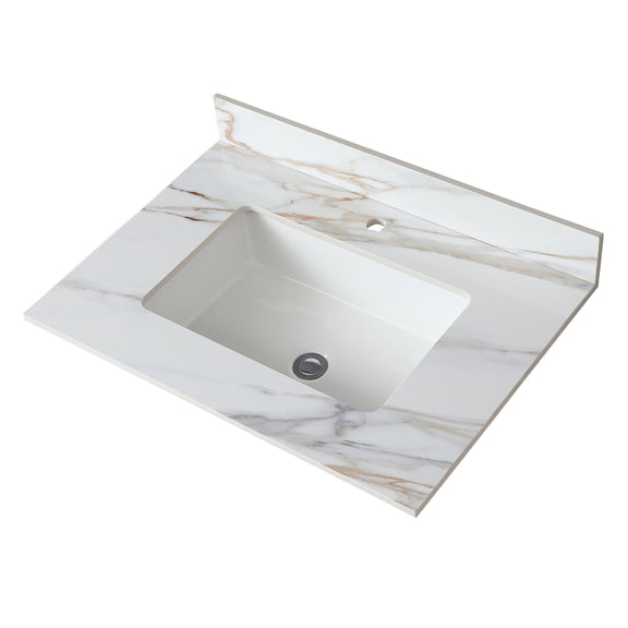 31 Inch White Marble Vanity Top with Undermount Sink and 4 Backsplash, Sintered Stone Bathroom Vanity Top for Standard 30 Cabinet, Carrara White with Veins