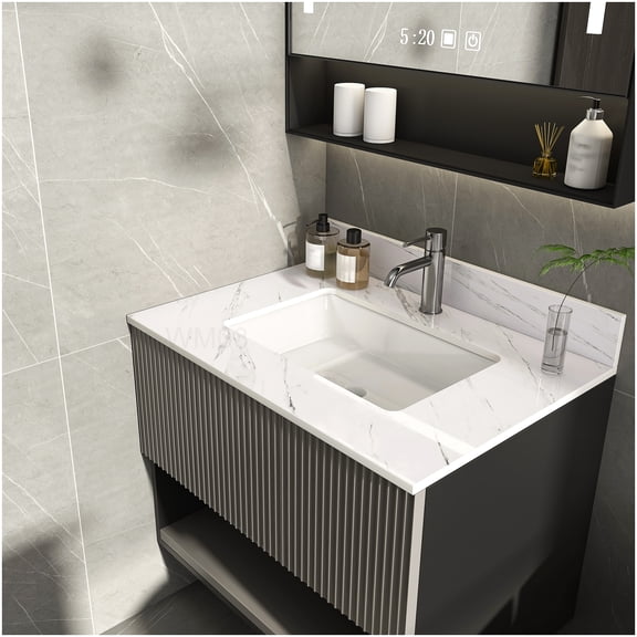 31 Inch White Vanity Top with Rectangular Sink, Sintered Stone Bathroom Countertop with Backsplash and Pre-Drilled Holes, Bianco Venato Design
