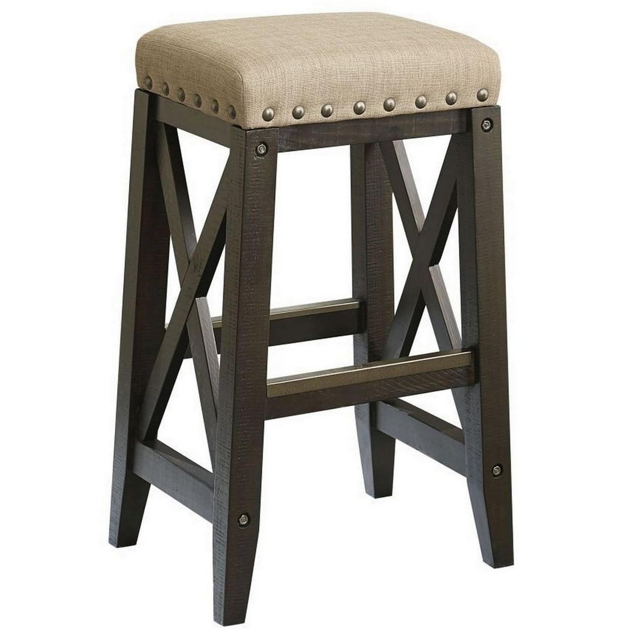 31 Inches Nailhead Trim Upholstered Barstool, Beige and Brown - Saltoro Sherpi