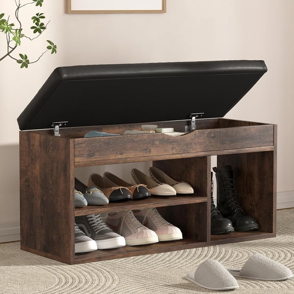31 Inches Storage Bench with Padded Cushion, Shoe Bench with Storage Space, Upholstered Entryway Bench for Living Room, 2-Tier Shoe Rack Organizer, Brown