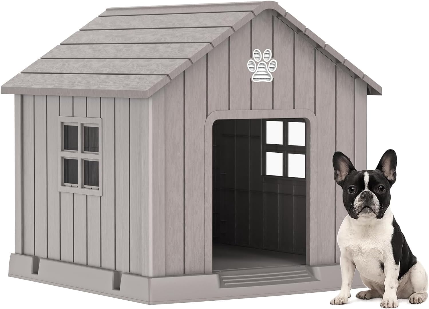 31" Indoor/Outdoor Resin Dog House – Large, Waterproof & UV-Protected Shelter with Air Vents, Elevated Floor & Windows – Easy-Clean, Tool-Free Assembly for All Dog Sizes