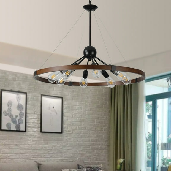 31“Industrial Farmhouse rotundity Pendant Light - Wood & Iron Metal Frame, 8-Light E26 Bulb Chandelier for Dining Room, Kitchen