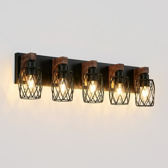 31" Industrial Vintage 5-Light Wall Sconce, Black Cage Bathroom Lighting Fixture with Wooden Accents for Hallway, Living Room, Entryway (Bulbs Not Included)