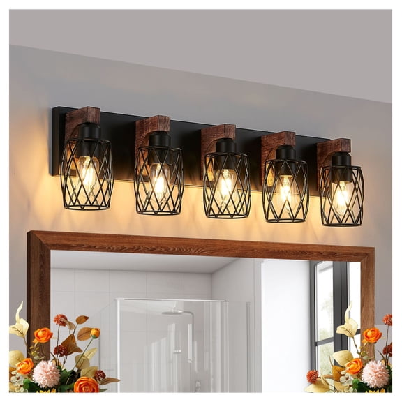 31" Industrial Wall Sconce - 5 Light Black Cage Farmhouse Lighting Fixture with Wood Accents - Vintage Bathroom, Hallway, Living Room Wall Lamp (Bulb Not Included)