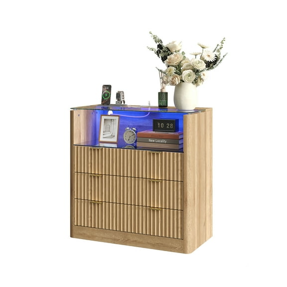 31" LED Night Stand with Charging Station & 3 Drawers, Fluted Bedside Table with Glass Top and Open Shelf, Large Storage End Table for Bedroom, Office, Living Room, Oak