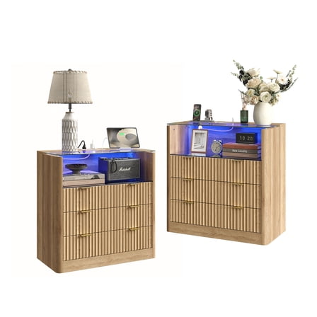 31" LED Night Stand with Charging Station & 3 Drawers, Fluted Bedside Table with Glass Top and Open Shelf, Large Storage End Table for Bedroom, Office, Living Room, Oak