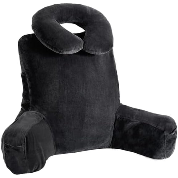 31" Large Backrest Pillow with Arms, Ergonomic Reading Pillow with Detachable Neck Roll Bed Rest Pillow with Pockets for Reading Watching TV Gaming (Black)$$Bedding