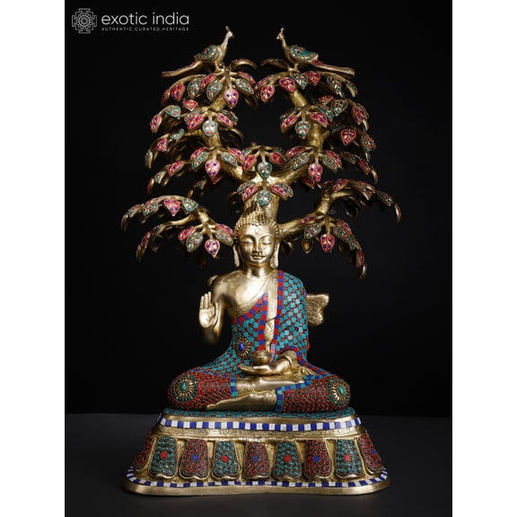 31" Large Size Lord Buddha Seated Under The Bodhi Tree | Brass Statue with Inlay Work