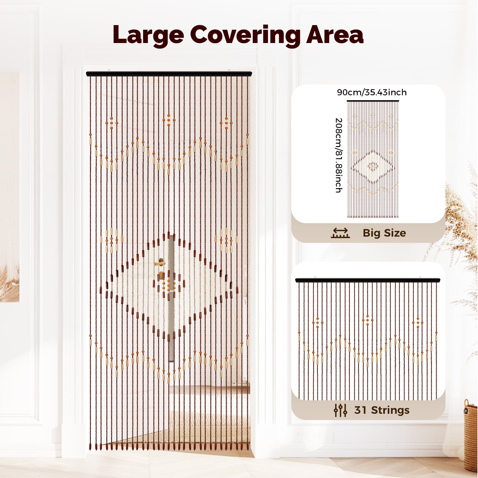 31 Line Bead Curtain, 90x208cm String Door Curtains Beaded Wooden Curtain For Doorway