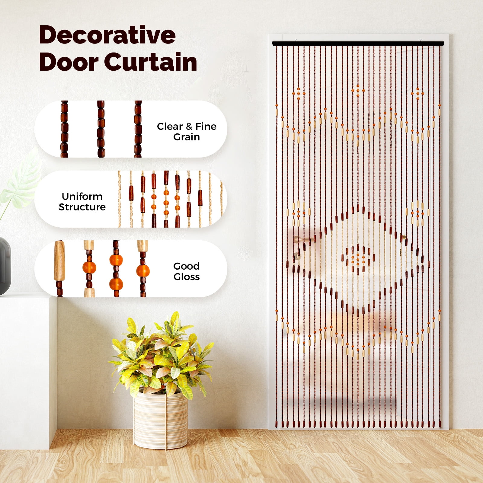31 Line Chocolate Color Bead Curtain, String Door Curtains Beaded Wooden Curtain For Home Doorways, Windows