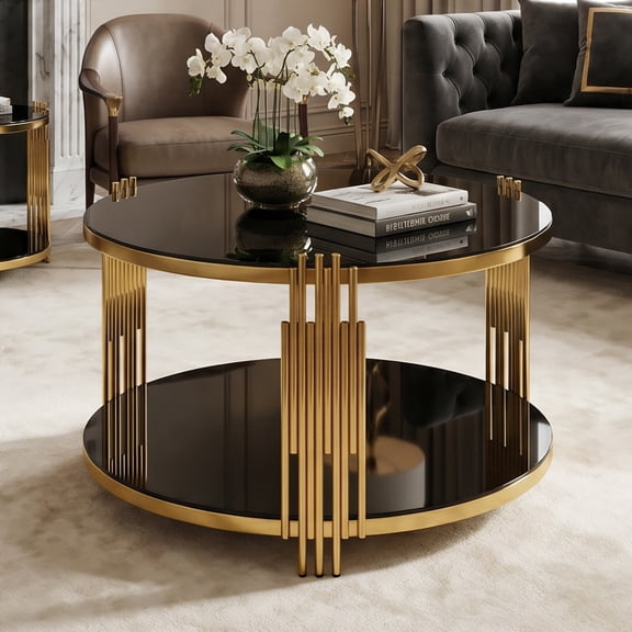 31" Mirror Coffee Table, Circular Coffee Table With Asymmetrical Metal Legs, Black
