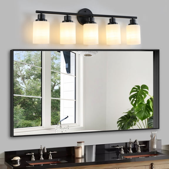 31” Modern 5-Light Vanity Bathroom Mirror Light Frosted White Glass with Black Iron Frame Contemporary Wall Sconce for Bedroom Bathroom and Dressing Room (Bulb Not Included)