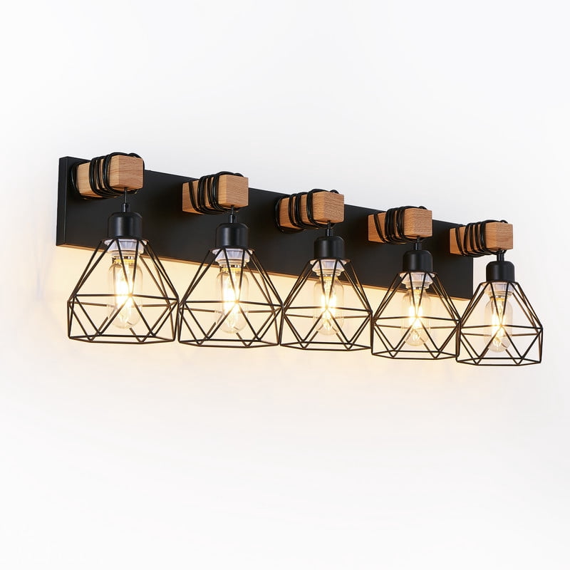 31" Modern 5-Light Vanity Light Fixture with Black Metal & Wooden Accents, Geometric Cage Lampshade, Ceiling Mounted Bathroom & Living Room Lighting (Bulbs Not Included)