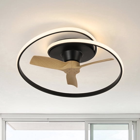 31" Modern Black Low Profile Flush Mount Ceiling Fan with Dimmable Spiral Ring LED and Remote