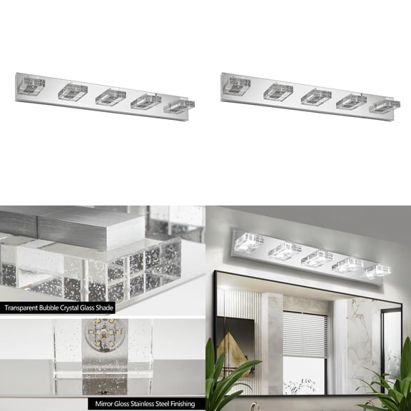 31” Modern Chrome 5-Light LED Vanity Light Square Acrylic Lampshades Wall Mount Fixture for Bathroom Mirror Lighting