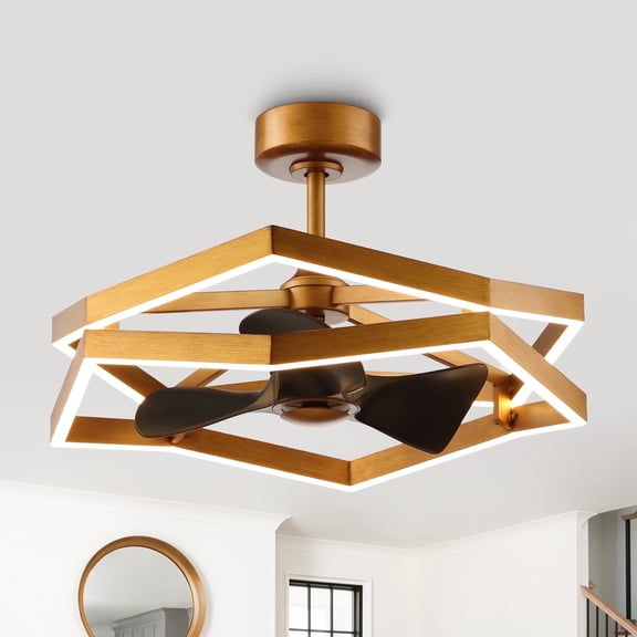 Parrot Uncle 31" Modern Geometric Art Bladeless LED Ceiling Fan with Remote Control, Antique Gold, Dimmable, 6-Speed Reversible DC Motor