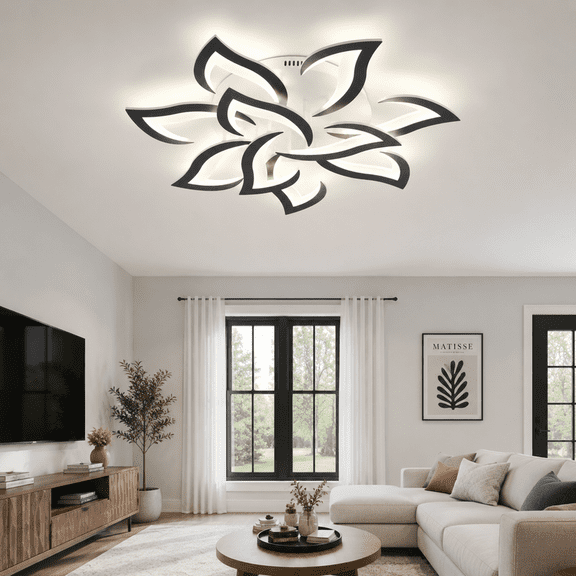 31" Modern LED Low Profile Flush Mount Ceiling Light, Dimmable Acrylic Flower Petal Ceiling Light with Remote, 3000K-6500K for Living Room, Bedroom, Dining Room, Home Office, Black