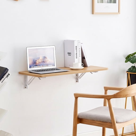 31" Modern Wall Mounted Floating Folding Desk, Natural Wood Drop Leaf Table for Home Office, Laundry Room