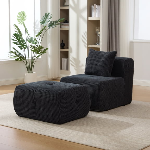 31" Modular Sectional Sofa with Ottoman Set, Single Boneless Seat Sofa with Throw Pillow, Cloud Armless Accent Chair for Living Room, Bedroom, Dorms, No Assembly Required, Charcoal