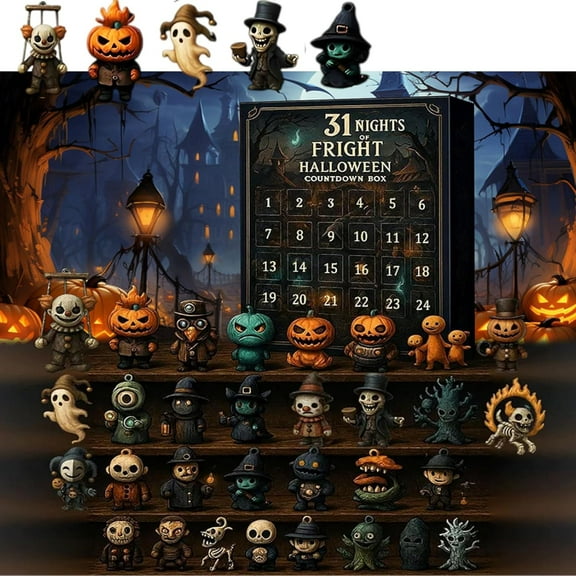 31 Nights of Fright Halloween Countdown Box with Figurines - Halloween Advent Calendar 2025 Scary Mini Dolls Charms Gift Boxs, Halloween Horror Figures Ornaments Decorations (31 Nights of Fright)