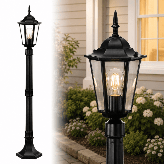 42 in Outdoor Lamp Post Light, Hardwired E26 Adjustable Post Light, Black Aluminum Clear Glass