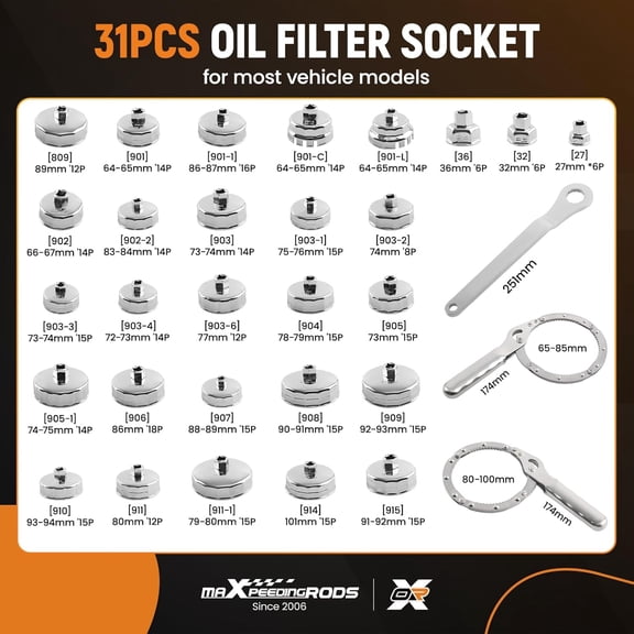 31 PCS Oil Filter Wrench Set, Oil Filter Socket Kit, 1/2'' Drive Oil Filter Cap Removal Tool Kit 27mm 32mm 36mm 64mm-101mm Socket for Toyota Volvo  Ford with Adjustable Wrench