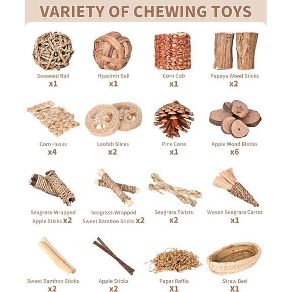 31-Pack Natural Rabbit Chew Treat Toys – Teeth Health & Boredom/Stress Relief, Enrichment Toys for Guinea Pigs/Chinchillas/Small Animals Indoor/Outdoor