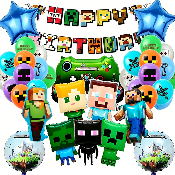 31 Pcs Birthday Party Decorations, Pixel Styled Gamer Party Supplies Include Happy Birthday Banner, Balloons, Cake Toppers, Cartoon Party Celebrate Supplies